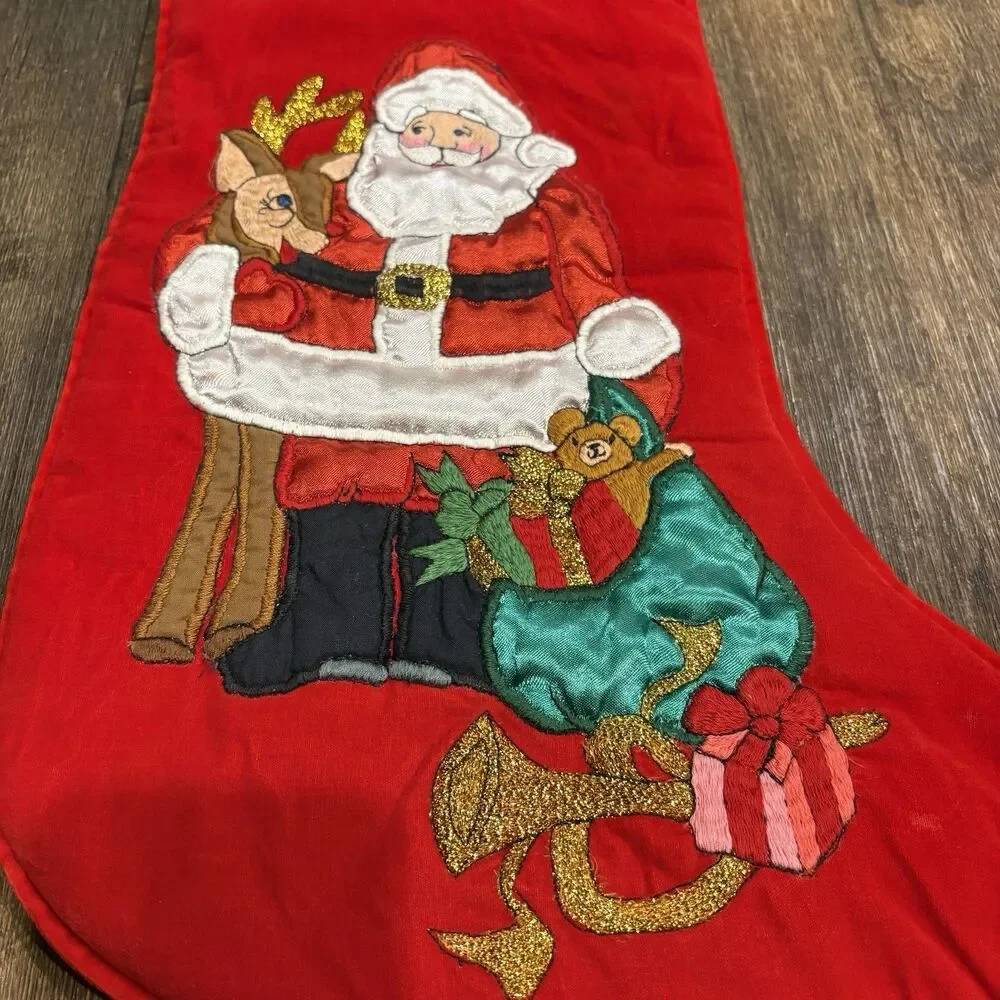 L'art de Chine Embroidered Santa Reindeer Christmas Stocking Red Green 23
